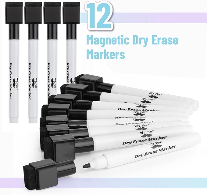 Mr. Pen Magnetic Dry Erase Markers - 12 Pack, Black Fine Tip with Eraser Cap
