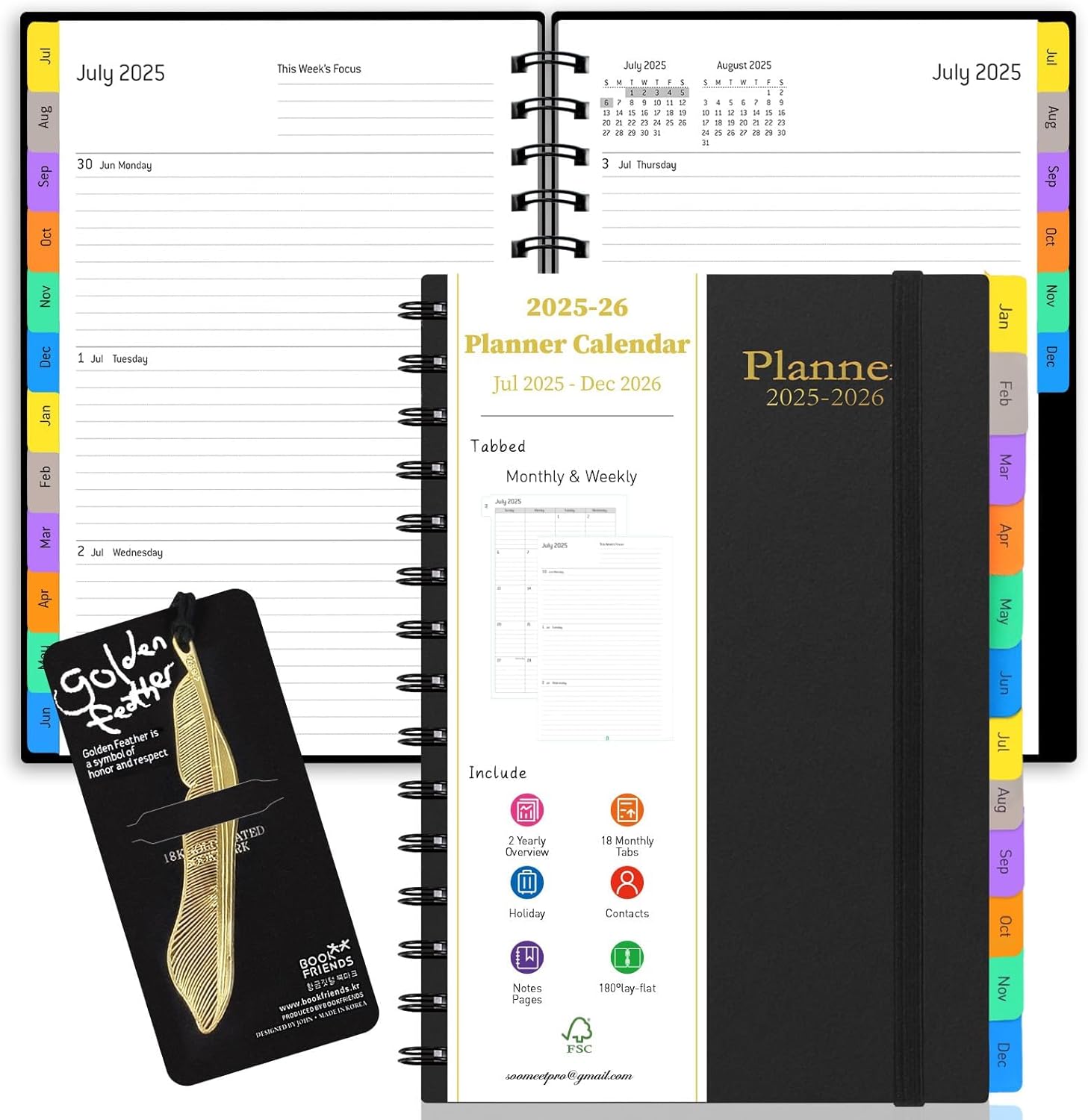 Daily Planner 2025-2026, July 2025 - December 2026, Yearly Monthly Weekly Daily Academic Calendar Planner, 18 Month with Tabs, Time Management Manual, 100GSM Thick Paper, A5 Size, Black