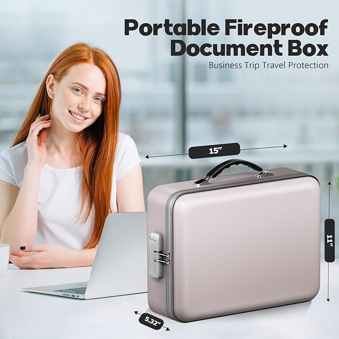 Fireproof Document Box with Water-Resistant Zipper, Hard Case Fireproof Box with Lock, Portable Hard-Shell Fire Safe Box, Large Capacity File Organizer for Important Documents, Laptop (Gray, M)