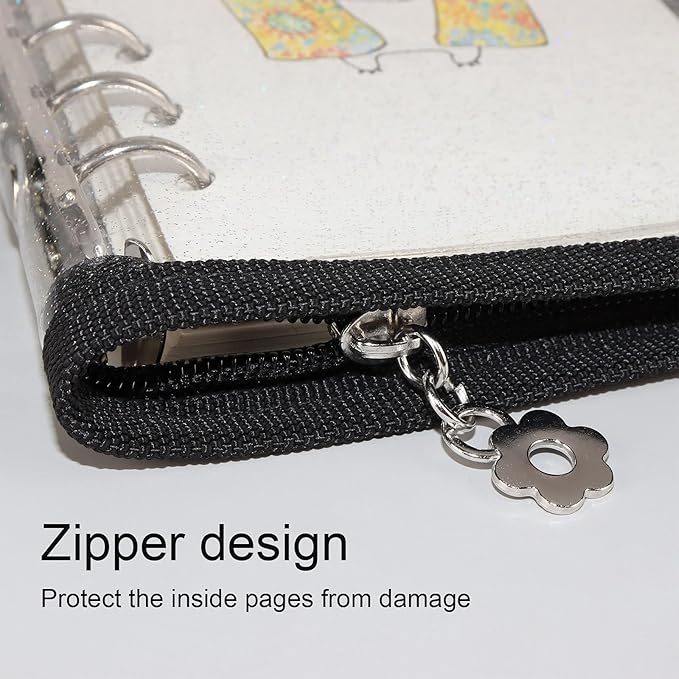 Multibey A5 Binder Cover Clear Soft PVC 6-Ring Binder Budget Evelopes System with Zipper Planner Organizer Refillable Notebook Journal Binder (Black, A6)