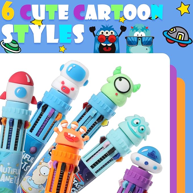Multicolor Ballpoint Pen 0.7 mm, 10-in-1 Colored Pens Fine Point Retractable Cartoon Space Ballpoint Pens for Office School Supplies Students Kids Gifts, 6 Pack