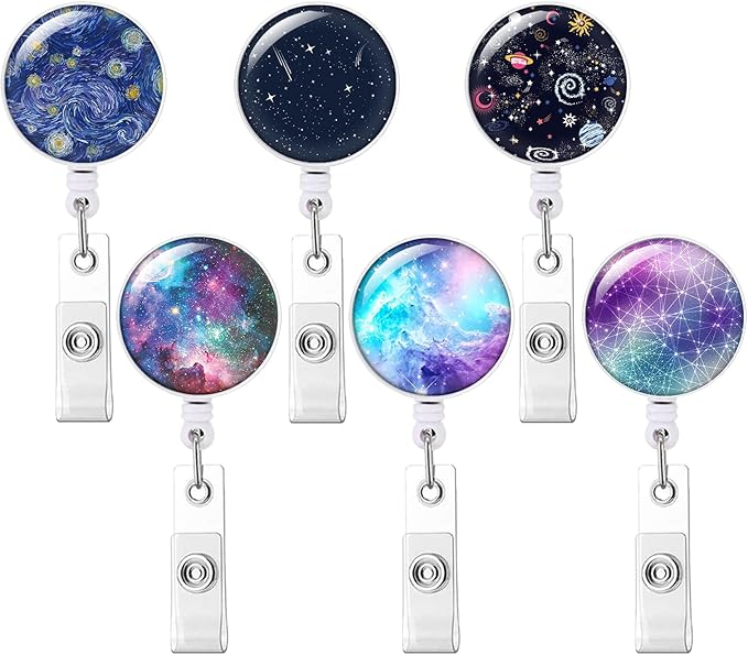 Retractable ID Badge Holder Nurse Badge Reels with Clip Name Card Holders for Office Worker Doctor Nurse (6 Pack Starry Sky)
