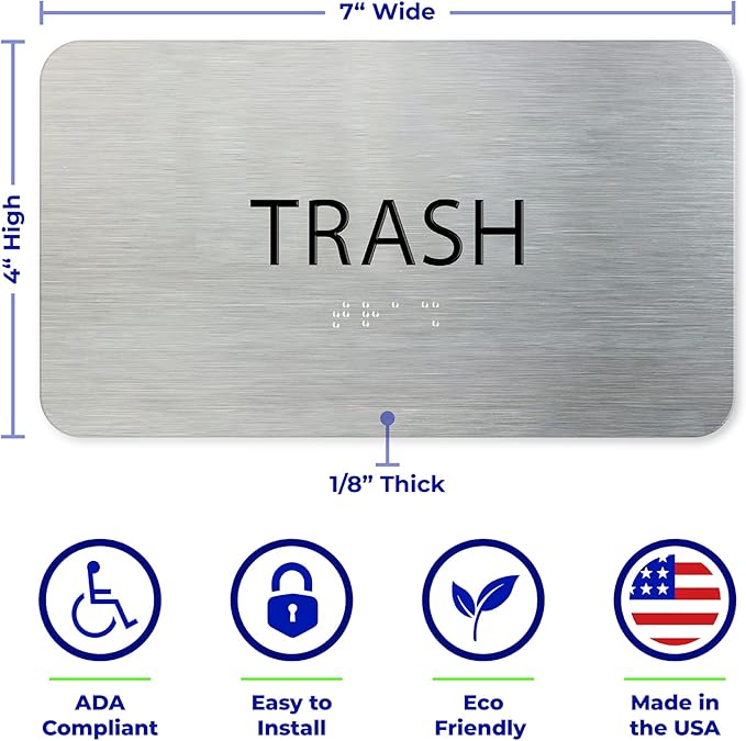 ADA Trash Sign for Business - Office Signs, Aluminum Brushed Silver, Tamper-Proof, Heavy Duty Mounting Tape, Easy Install, Office Décor, ADA Compliant, Grade 2 Braille (7” W x 4” H) ADASigns.org