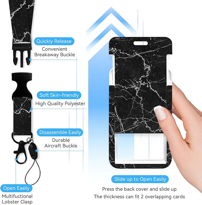 Black Marble Badge Holder with Retractable Reel and Breakaway Lanyard，Badge Clips Retractable Heavy Duty Badge Reel，Keychain，ID Holder with Breakaway Lanyard for School Nurse Office Teen…