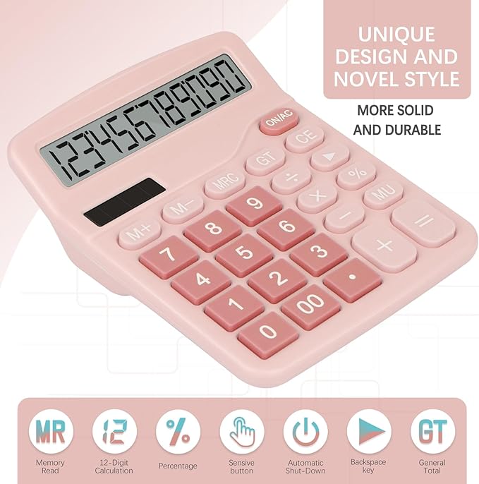 Desk Calculator,Cute Caculator with Dual Power Source,Basic Calculators Desktop with 12 Digit Large LCD Display Big Buttons Simple Financial Calculator for Office Home School(Pink)