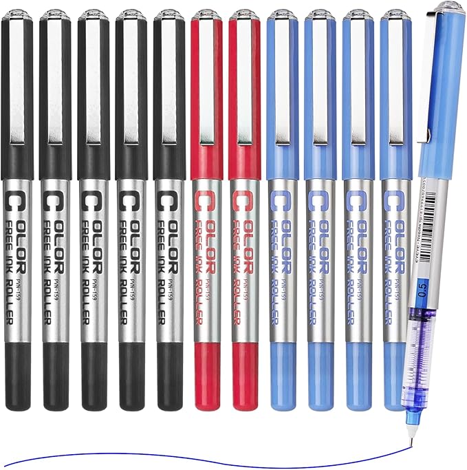 EYEYE Needle Rollerball Pens 0.5mm, 12 Pack 3 Colors Extra Fine Point Roller Ball Pen Quick Dry, Liquid Ink Pens Fine Point Smooth Writing Pen for Journaling, Note Taking, Office, School Supplies