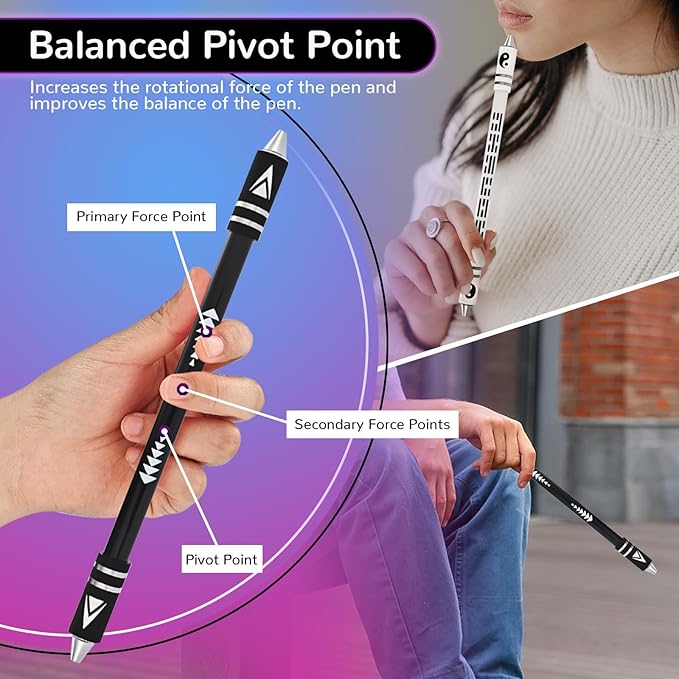 2 Colors Pen Spinning with Silicone Bracelet, Metal Heads Gaming Finger Pen, 8.5In Weighted Rotating Ballpoint Pen, Spinning Pen for Student Adults, No Pen Refill (Black,White)