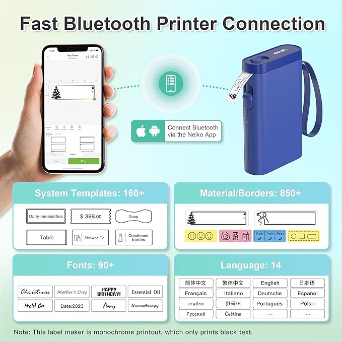 Nelko Label Maker Machine with Tape, P21 Bluetooth Label Printer, Wireless Mini Label Makers with Multiple Templates for Organizing Office Home, Blue