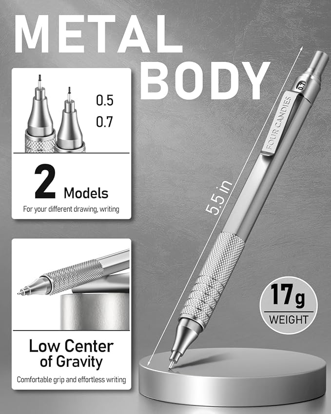 Four Candies 4PCS Metal Mechanical Pencils Set with Case, 0.5mm & 0.7 mm Artist Pencil with 8 Tubes (480PCS) HB Lead Refills, 3 Erasers,9 Eraser Refills For Writing Drafting, Drawing, Black&Silver