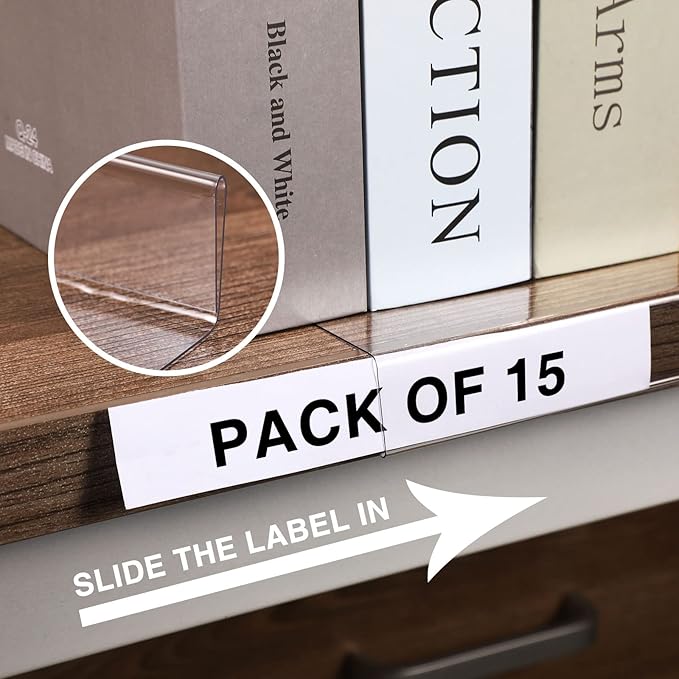 Containlol 15 Pieces Moveable Shelf Label Holders Clear Shelves Tags Library Markers Transparent Display Holder for Classroom Office Book (9.06 x 5.12 0.79 Inch)