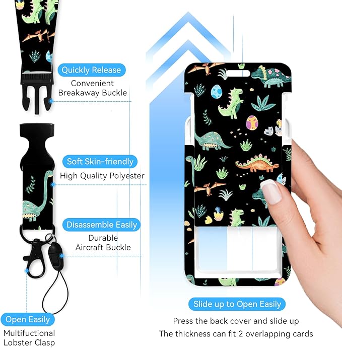 Cute Dinosaur Badge Holder with Retractable Reel and Breakaway Lanyard，Badge Clips Retractable Heavy Duty Badge Reel，Keychain，ID Holder with Breakaway Lanyard for School Nurse Office Teen