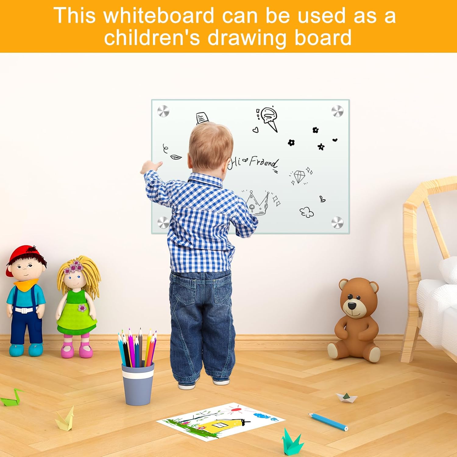 H-Qprobd White Board 24”x18“ Magnet Dry Erase Boards Frameless Magnetic Glass Whiteboard for Wall, Wall Mounted Whiteboard Includes 12 Magnets, 8 Markers and 2 Erasers