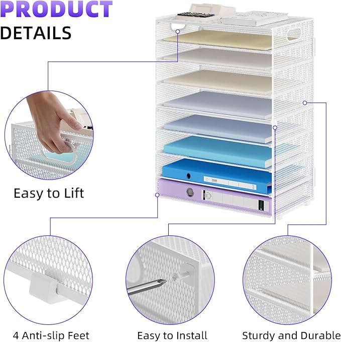 Marbrasse Paper Organizer Letter Tray, 9 Tier Mesh File Organizer with Handle, Paper Sorter Desk Organizer for Home Office Supplies - White