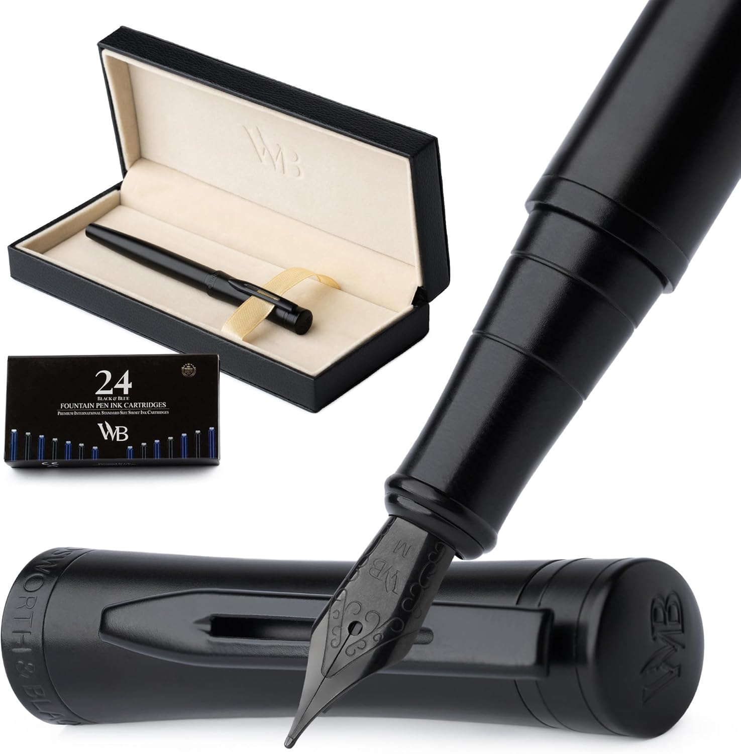 Wordsworth & Black Fountain Pen Set, Medium Nib, Includes 24 Pack Ink Cartridges, Ink Refill Converter & Gift Box, Calligraphy, [All Black], Perfect for Men & Women