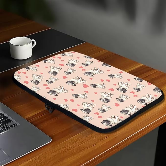 Pug Dog Printed Computer Bags for Laptops for Women, Heart Pattern Computer Carrying Cover Laptop Briefcase, 10 Inch Water Resistant Laptop Case Portable Computer Case Bag