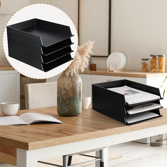Wenqik 12 Pcs Stackable Paper Trays Rectangular Plastic Desk Tray Holder Desktop Document File Paper Organizer Plastic Storage Letter Tray for Office Classroom, Black