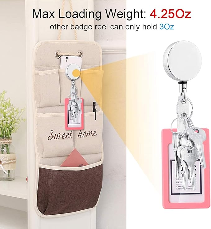 Will Well ID Badge Holder Reel with Clip and Keyring - Heavy-Duty All-Metal Casing with 27.5"UHMWPE Fiber Pull Cord for Durability and Easy Access, Holds up to 8 Keys - 2-Pack, Round, Glossy Silver