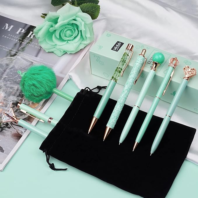 WEMATE 8Pcs Ballpoint Pens Set Metal Crystal Diamond Pen Glitter Pen for Journaling Green Pen Bling in Black & Blue Ink Pretty Cute Pens Fancy Pens Gifts for Women Wedding School Office Desk(Green)