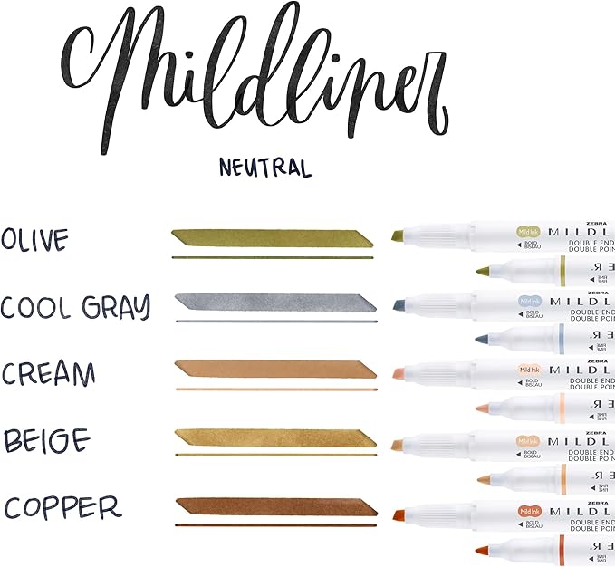 Zebra Pen Mildliner Double-Ended Highlighter Set, Broad and Fine Point Tips, No Bleed Bible Assorted Neutral Vintage Ink Colors, Model Number: 78605, 5-Count, Pack of 1