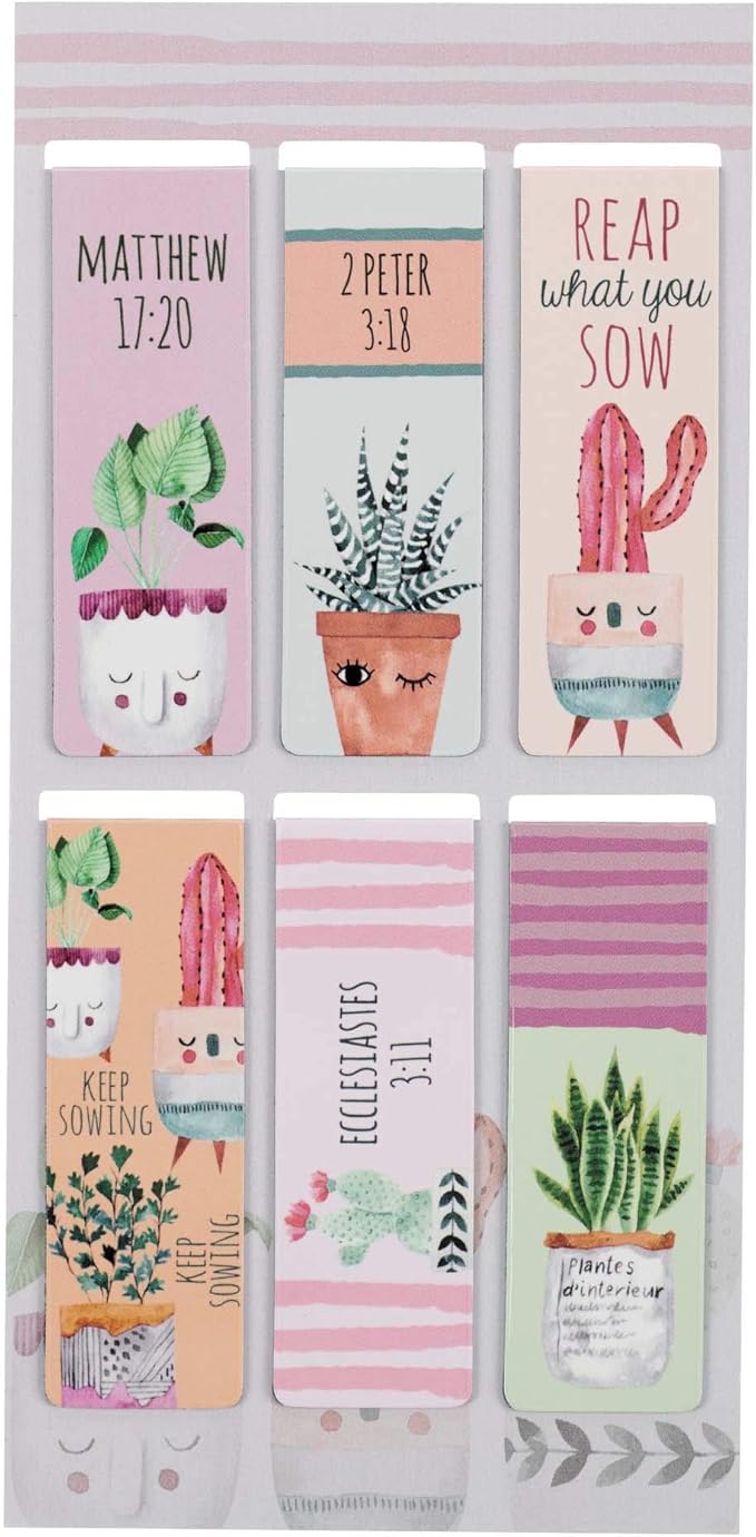Set of 6 Beloved Scripture Favorites w/Cactus & Cheerful Flower Pots Inspirational Magnetic Bible Verse Bookmark with Scripture,Regular 2.3" x .75"