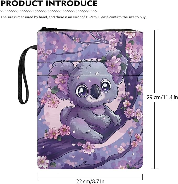 COEQINE Cute Book Covers for Paperbacks Purple Flower Girls Book Cover Pouch with Cute Animal Koala Pattern Book Sleeves with Zipper 9x11 Inch