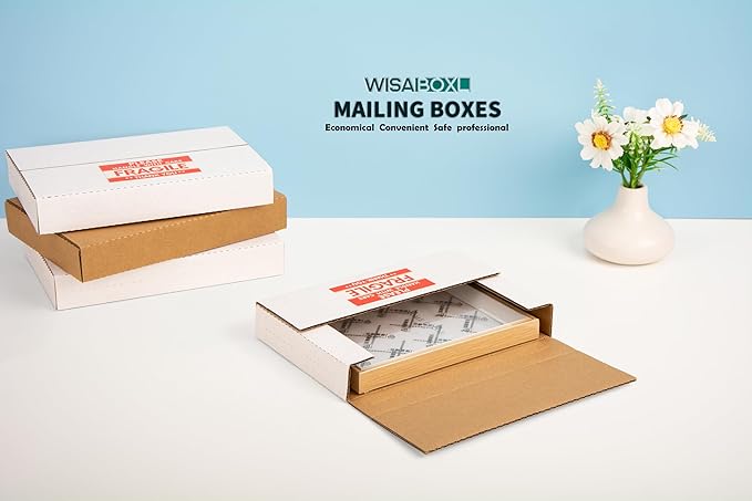 DVD Shipping Boxes 9"L x 6"W x 1.3"H Easy-Fold Small Box for Mailing, Storing, Package, Gifts, Crafts, Business or Home, with Fragile Stickers, White, 50-Pack