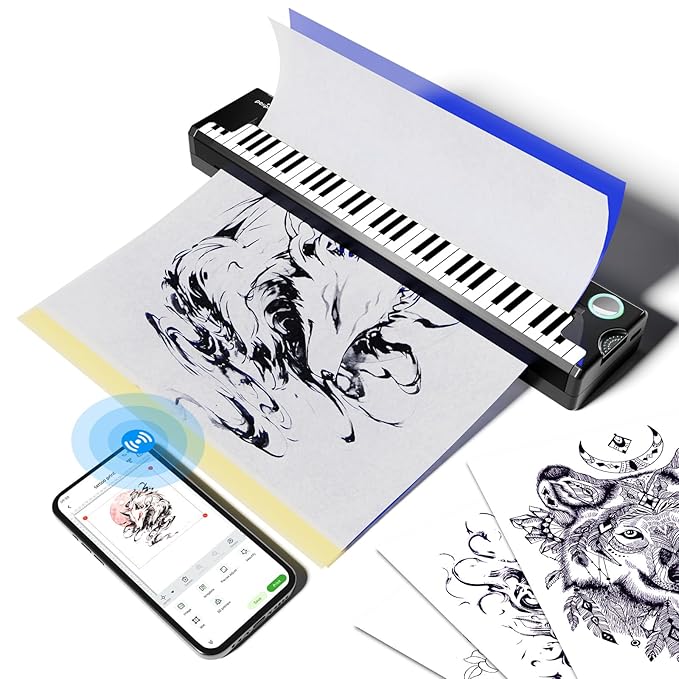 P90-Pino Wireless Tattoo Stencil Printer - Black with Elegant Piano-Inspired Design