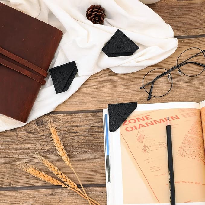 3 Pieces Leather Bookmarks Handmade Page Marker for Men Women Faux Leather Page Clips Corner Book Markers for Teachers Christmas Gift for Writers Bookworm Book Lovers (06-Black)