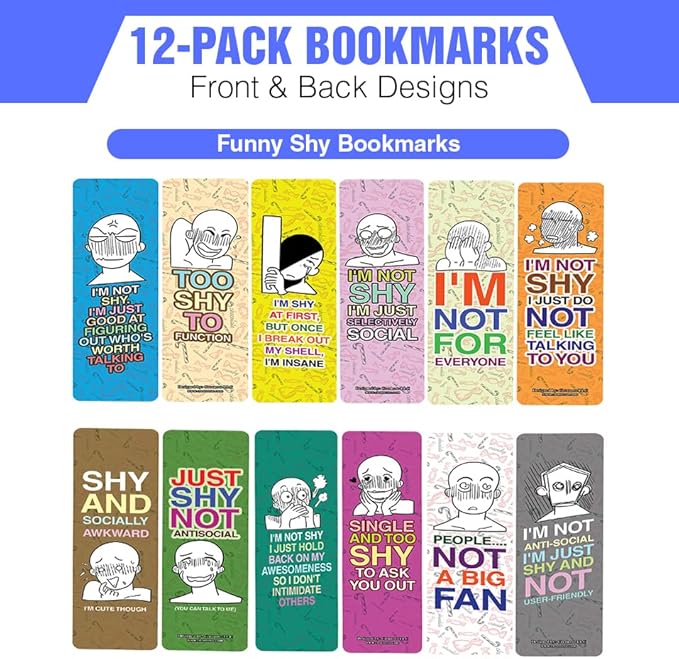 Creanoso Funny Shy Bookmarks (2-Sets X 6 Cards – Daily Inspirational Card Set – Interesting Book Page Clippers – Great Gifts for Adults and Teens