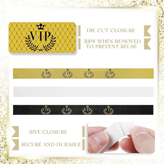 Jadive 500 Pieces Paper Wristbands VIP Plastic Waterproof Party Identification Wristbands Party Bracelets for Events Amusement Parks, Club, Concerts, Fairs, Festivals and Events(Black, Gold)