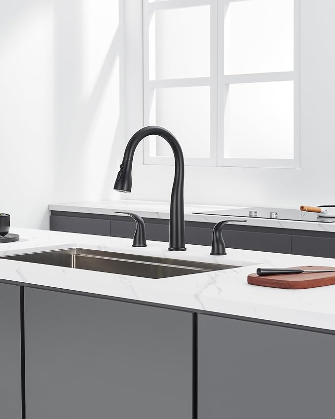 Black Kitchen Faucet 3 Hole with Pull Down Sprayer, 2-Handle High Arc Kitchen Sink Faucet with 3 Function Spray, Stainless Steel, T-3005B