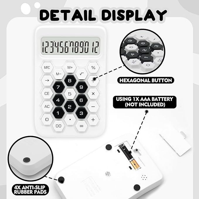 White Calculator, Standard Calculator,12 Digit Large LCD Display,Basic Office Calculator with Hexagonal Button,White Office Supplies and Desk Accessories,Gifts for Coworkers