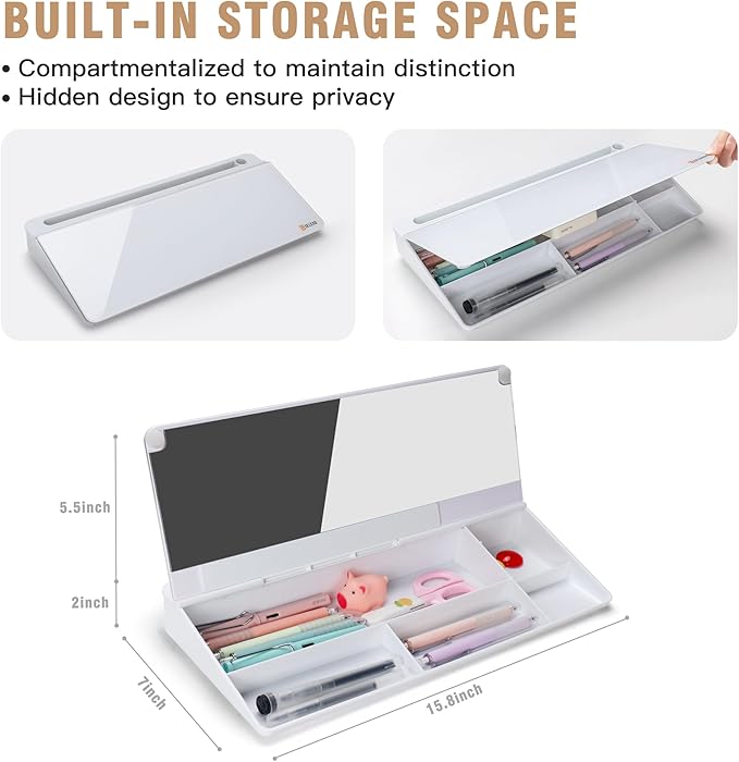 SELEAD Desktop Glass Whiteboard with Organizer & Built-in Mirror, Small Dry Erase White Board Computer Pad Keyboard Stand for Home, School, Office Desk Accessories - White
