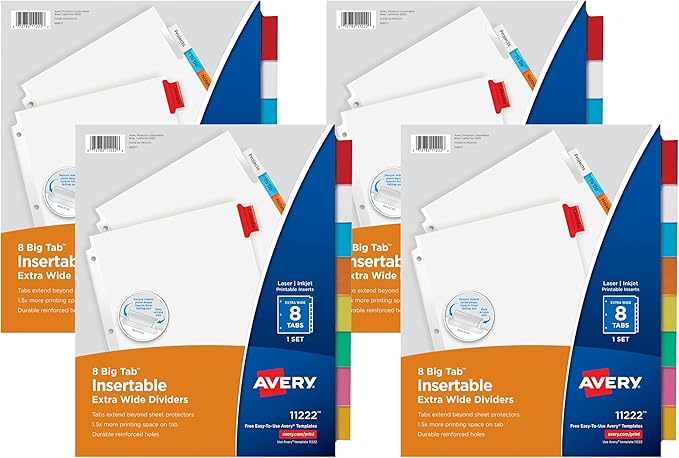 Avery Big Tab Insertable Extra Wide Dividers, 8 Multicolor Tabs, 1 Set (11222) (Pack of 4)