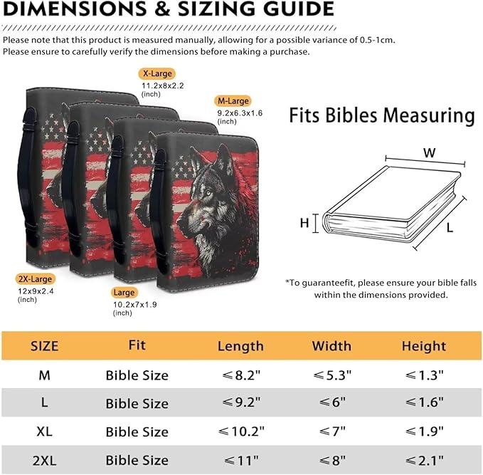 Lotusorchid American Flag Wolf Bible Bags, Faux Leather Bible Covers with Handle Pockets for Women, Portable Sturdy Bible Bag for Men, Christian Bible Study Accessories, Black and Red, 2XL