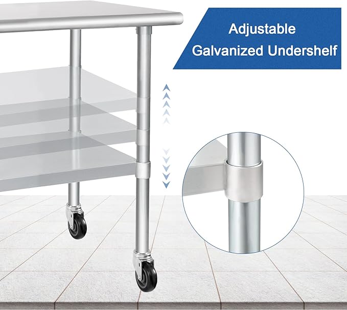 HARDURA Stainless Steel Table with Wheels 24 x 60 Inches Casters NSF Heavy Duty Commercial Work & Prep Table with Undershelf and Galvanized Legs for Restaurant Kitchen Bar and Hotel Garage
