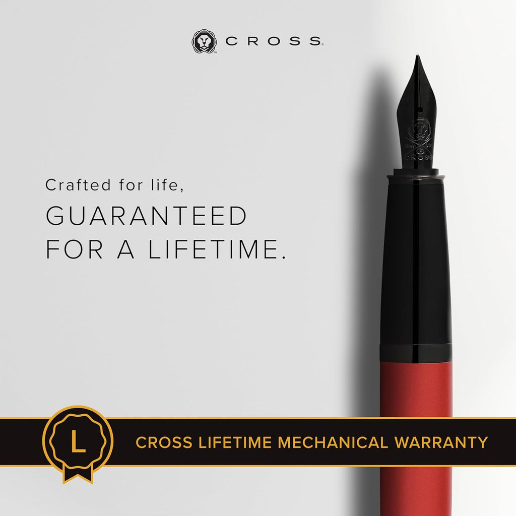 Cross Bailey Matte Red Lacquer Fountain Pen with polished black PVD appointments, Extra Fine Nib