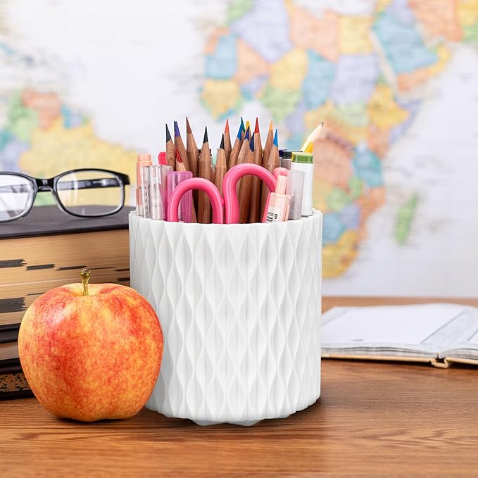 Pen Holder - 360° Rotating, 5 Slot Pen Holder For Desk. Pencil Holder For Office,School,Dorm Room&Vanity, Desk Accessories(White)