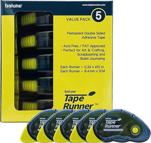 Tape Runner - Double Sided Adhesive with Dispenser Roller Included - Acid Free, Sticky, Clear & Transparent - Ideal for Scrapbooking, Crafts & More - Boomerang (417 inches per cartridge), 5 Cartridges