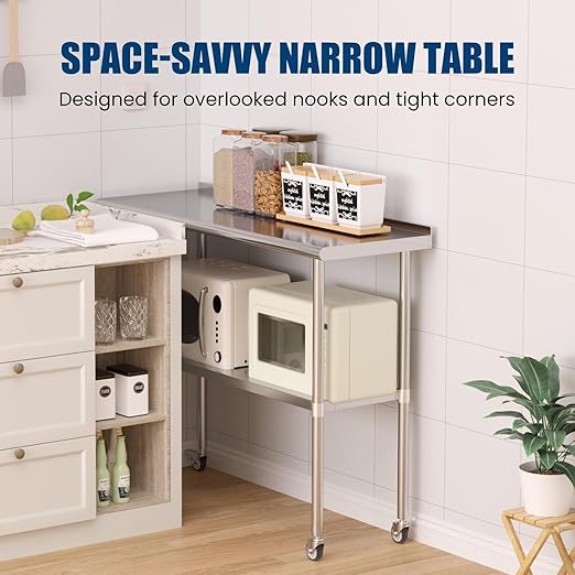 Stainless Steel Table with Wheels 18 x 48 Inches Metal Prep Table with Backsplash & Caster, Adjustable Undershelf for Commercial Kitchen, Outdoor, Restaurant, Hotel & Garage