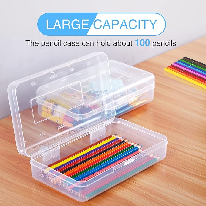 Sooez 3 Pack Pencil Case, Large Pencil Box Case, Clear Crayon Marker Box Bulk, Hard Plastic School Supplies with Snap-tight Lid, Stackable Storage Container Art Craft Organizer for Bead Pens, Clear