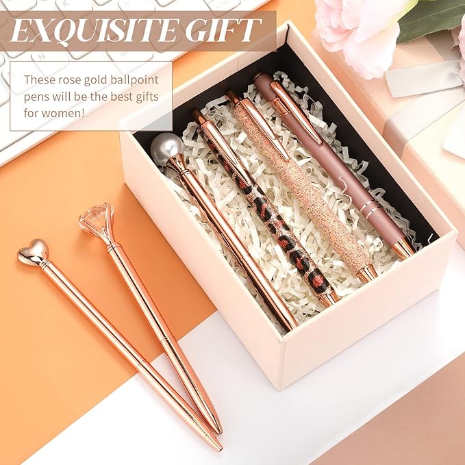 6 Pcs Ballpoint Pens Set Metal Crystal Diamond Pen for Journaling Glitter Pretty Cute Stationery Black Ink Fancy Gifts for Women Girls Teacher Office Wedding School Supplies(Rose Gold Series)