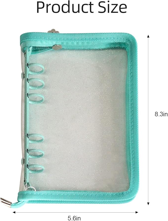 Multibey A5 Binder Cover Clear Soft PVC 6-Ring Binder Budget Cash Evelopes System with Zipper Planner Organizer Refillable Notebook Journal Binder (Cyan, A6)
