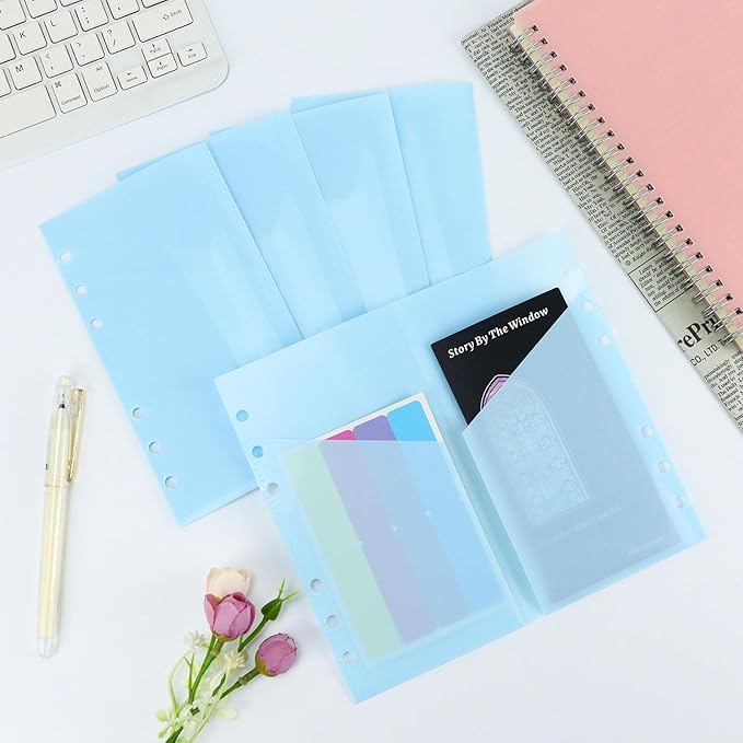 A6 Binder Pockets with No Zipper, Koqye Blue 10 Pcs Plastic Zipless Budget Envelopes, Two Pockets Frosted Cash Envelopes Money Bag for Budgeting, Cash Stuffing (Light Blue)