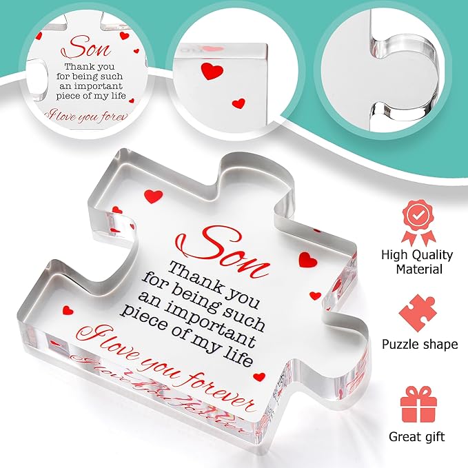 VELENTI Gifts for Son - Engraved Acrylic Block Puzzle Son Gift 3.35 x 2.76 inch - Son Thank You Gift from Mom and Dad - Birthday Mother Son, Father Son Gift - Christmas, Graduation Gift for Men, Boys
