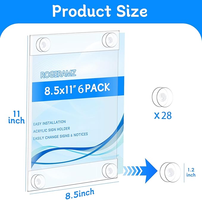 Clear Acrylic Window Sign Holder with 28 Suction Cups, 8.5 x 11 Inches - Wall Mount Advertising Frames for Glass Doors - Perfect for Malls, Offices, Homes, Stores, and Restaurants (6 Pack)