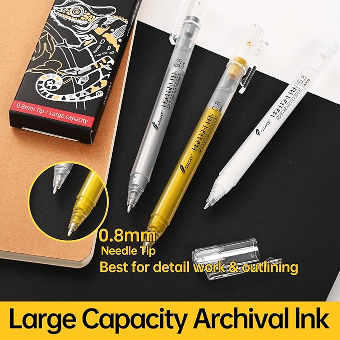 0.8mm Extra Fine Point 6 Pack Gel Pen Set White,Gold and Silver Gel Ink Pens for Artists,White Gel Pen,White Ink Pen,White Pens for Black Paper,White Pen for Artists Drawing