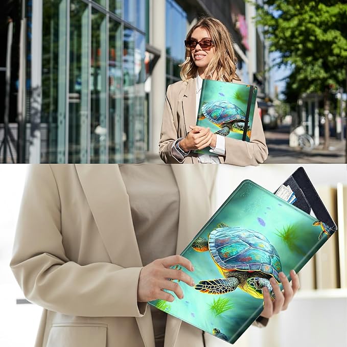 PU Leather Padfolio Folder Clipboard Portfolios Organizer Conference Document Organizer with Business Card Holder Storage Clipboard Writing Pad,Sea Turtles