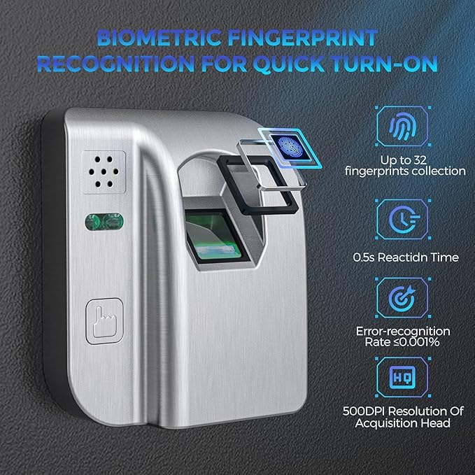WASJOYE Fingerprint Biometric Safe Box, 2.0 Cu Ft Fireproof Safe Box with Finger Identification Key-Lock, Fingerprint Safe for Home Office Hotel Jewelry Document Passport Valuables Gun Safe Storage
