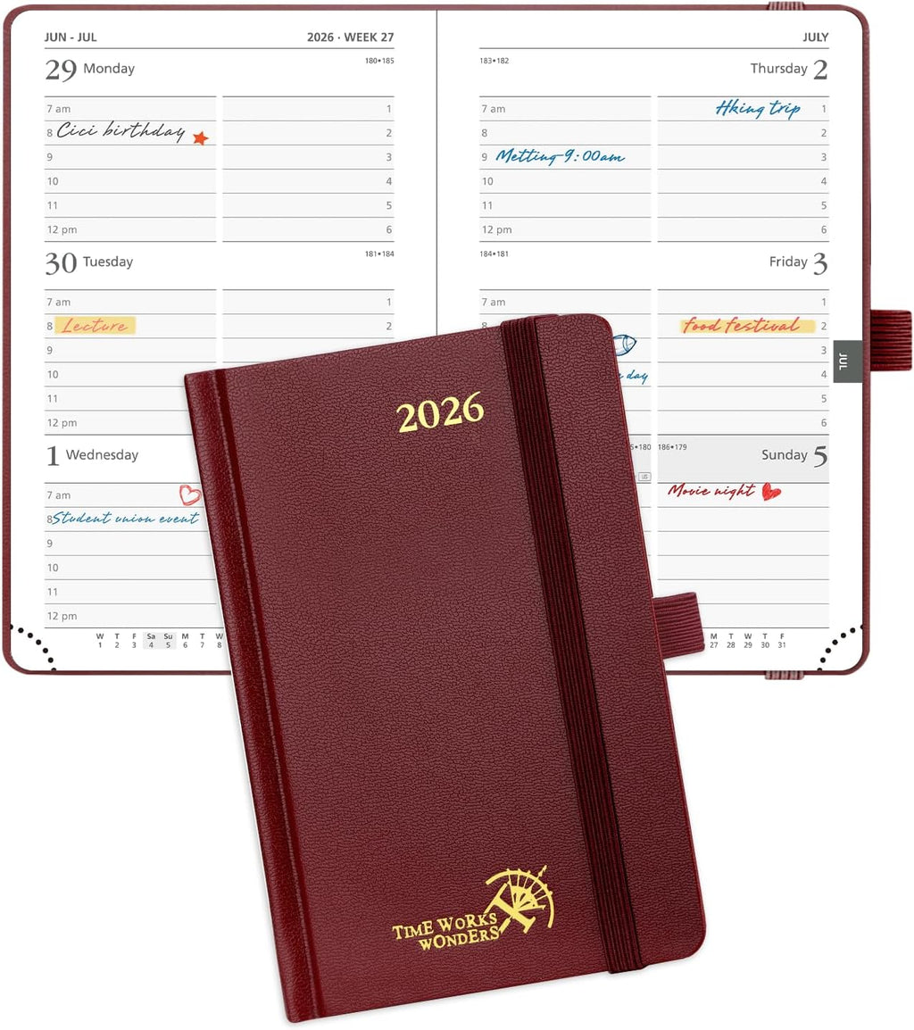 POPRUN 2026 Planner (Pocket Size 4''x 6.25'' Hardcover) - Small Calendar for Purse with Hourly Schedule & Vertical Weekly Layout, Monthly Calendars, 100 GSM - Burgundy